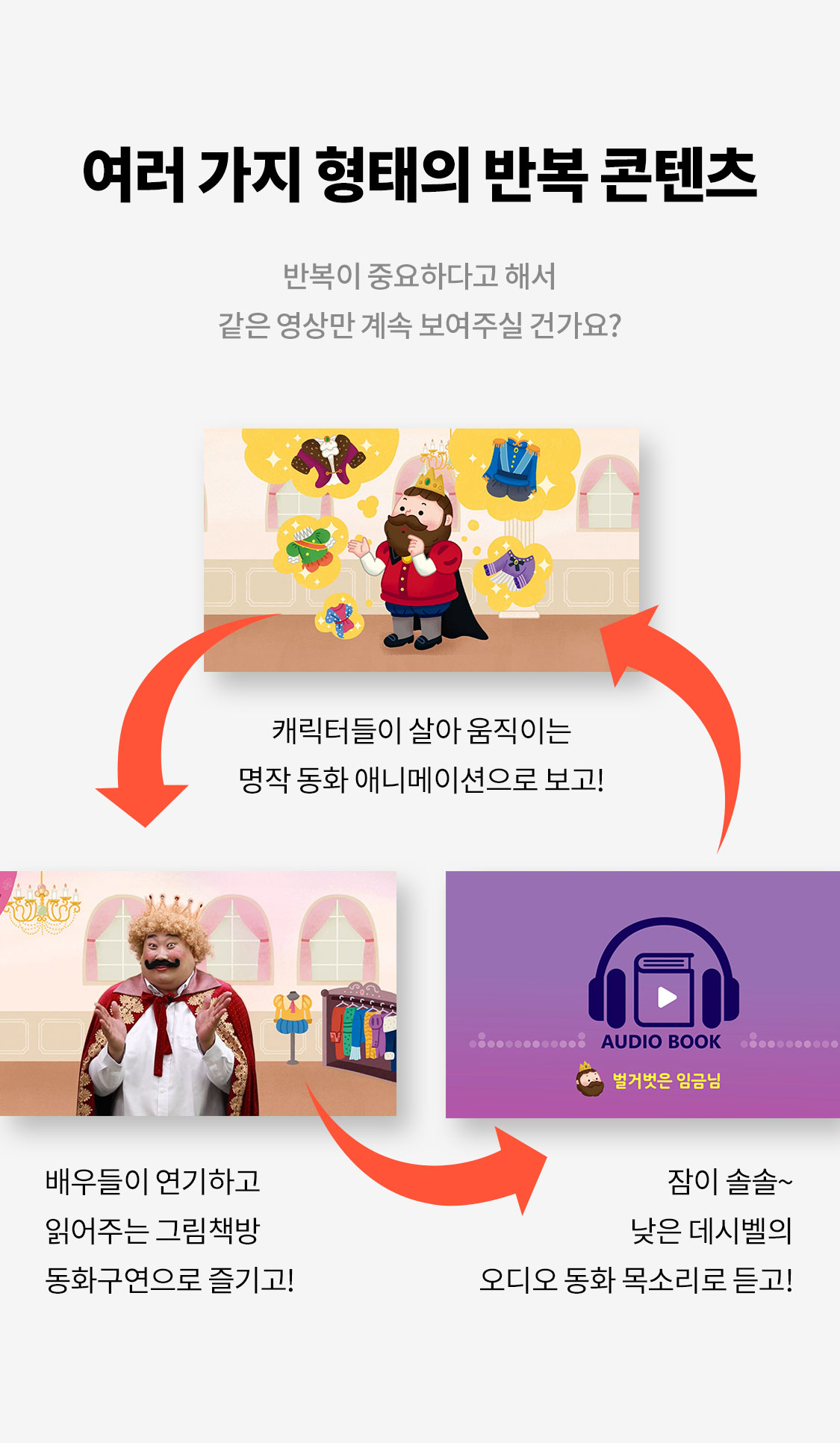 여러 가지 형태의 반복 콘텐츠 반복이 중요하다고 해서 같은 영상만 계속 보여주실 건가요? 캐릭터들이 살아 움직이는 명작 동화 애니메이션으로 보고! 배우들이 연기하고 읽어주는 그림책방 동화구연으로 즐기고! 잠이 솔솔~ 낮은 데시벨의 오디오 동화 목소리 듣고!